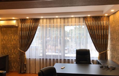 Oval karniz pərdəsi, villa üçün pərdələr, Türkiyə istehsalı parçalardan tikilmiş pərdələr və tül.